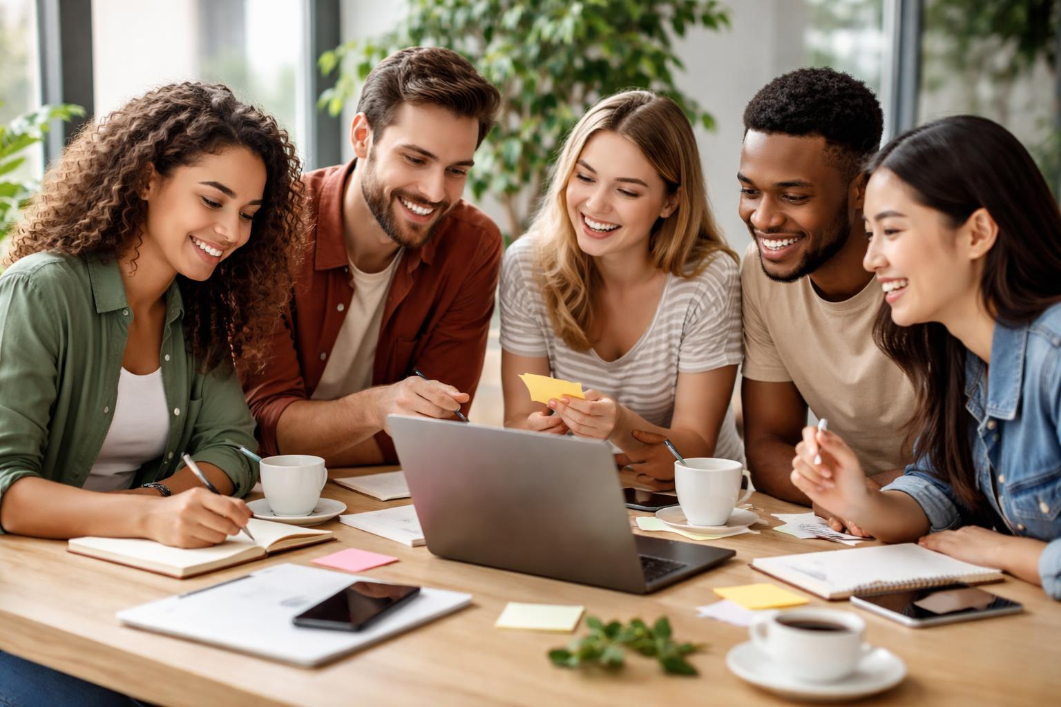 A group of young adults working together around a table with laptops and notebooks in a bright office.