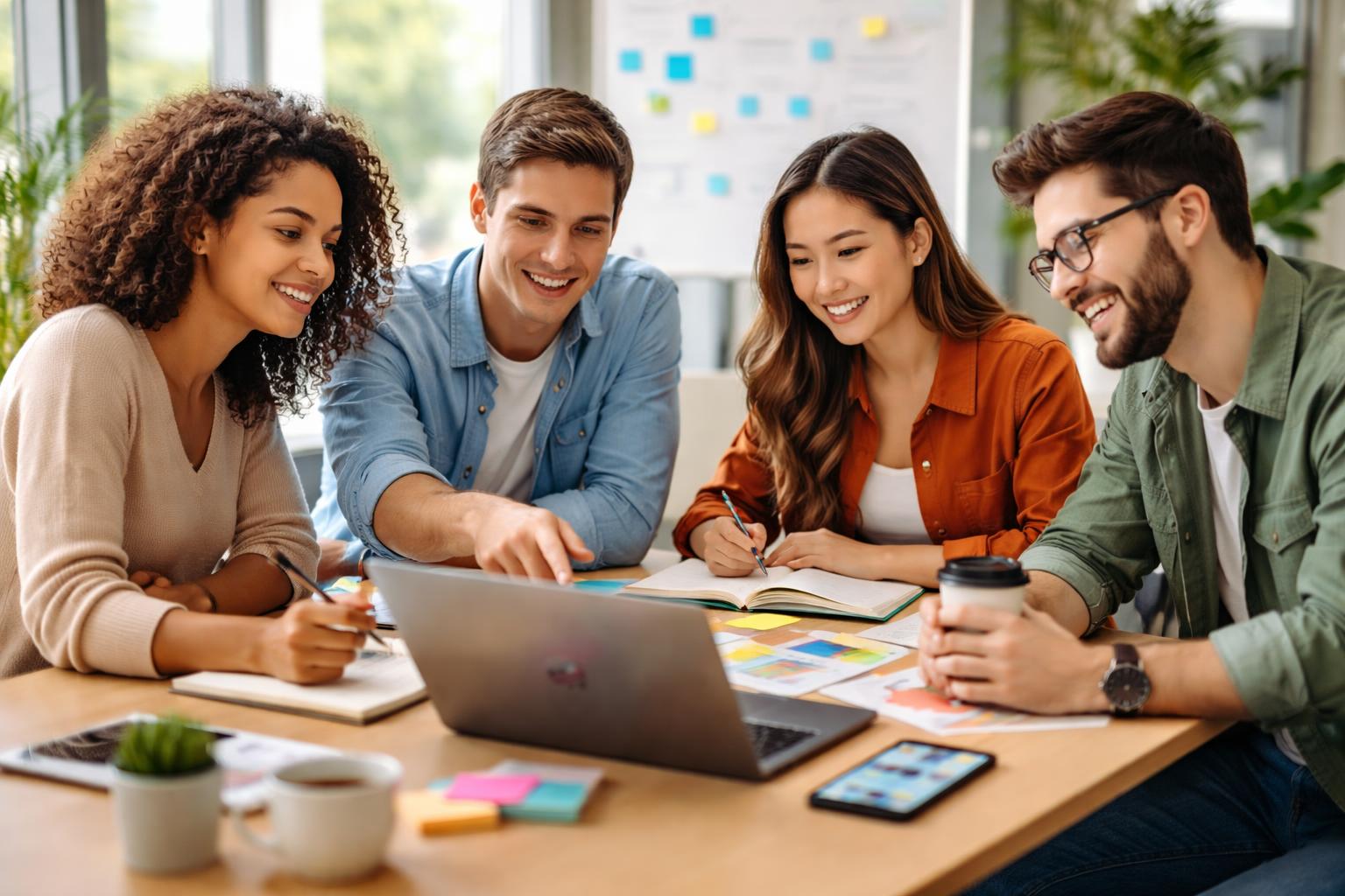 A group of young adults collaborating around a table with laptops and notebooks in a bright office space.