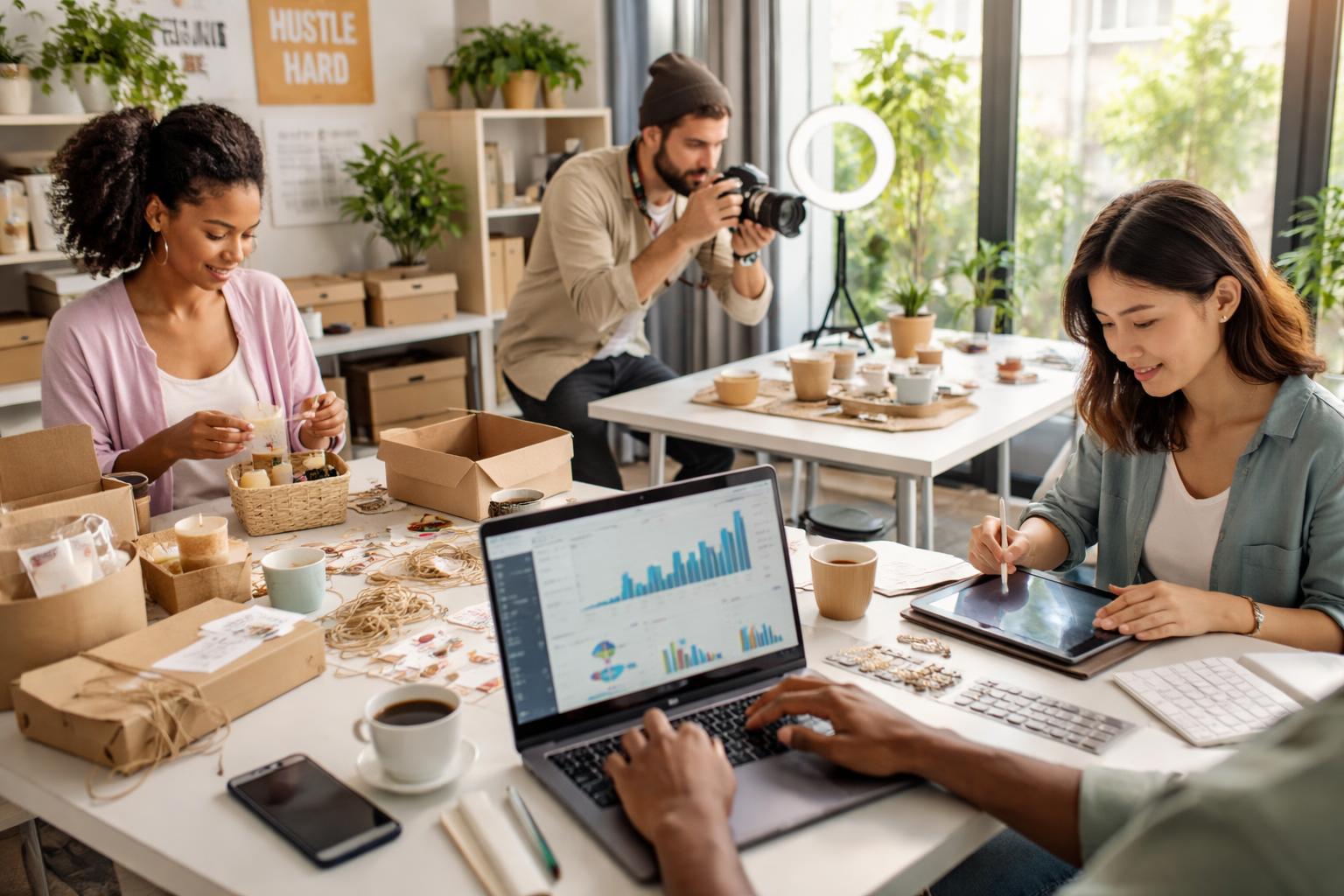 A group of young professionals working on different side hustle activities in a bright, modern office space.
