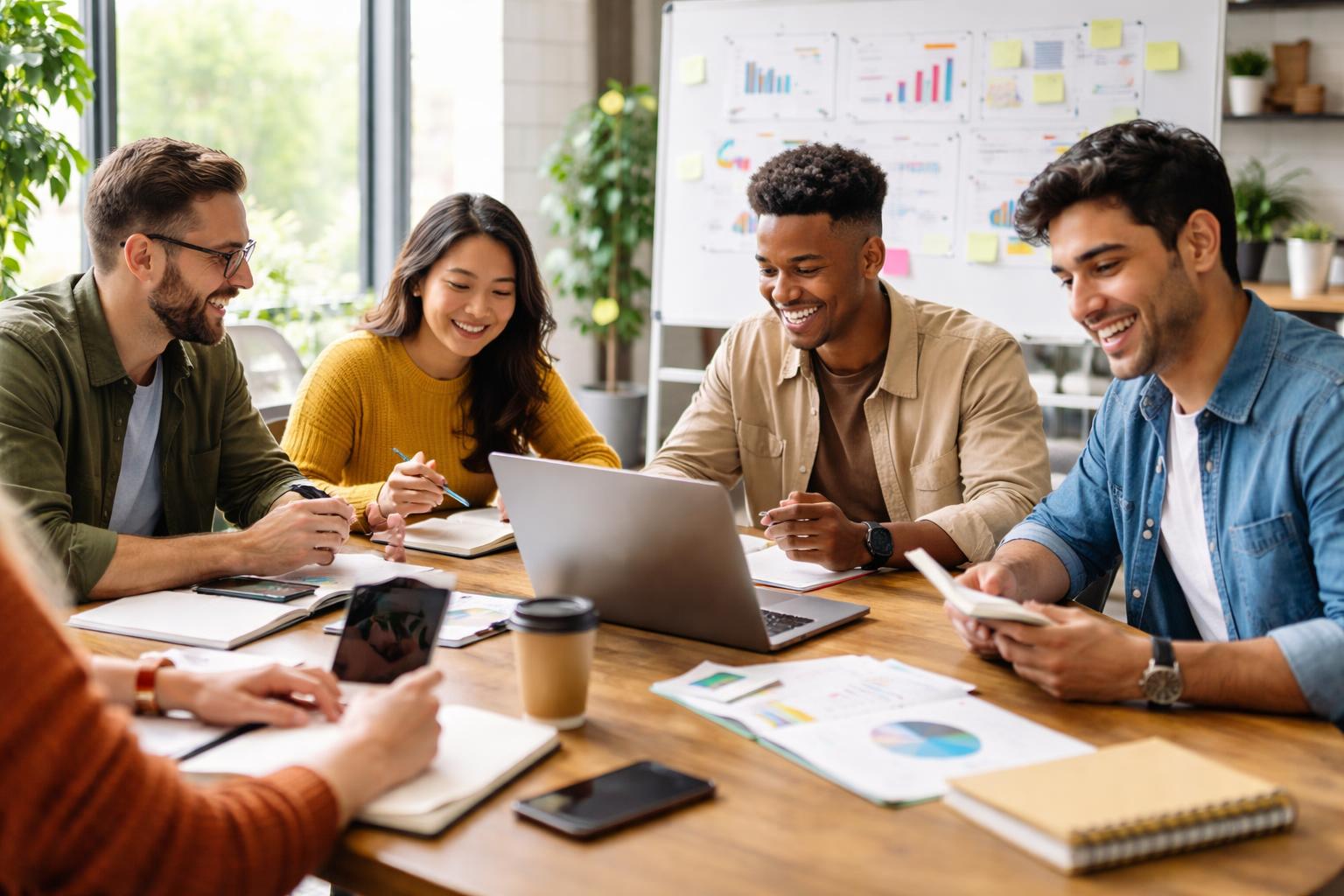 A group of young adults collaborating around a table with laptops and notebooks in a bright office space.