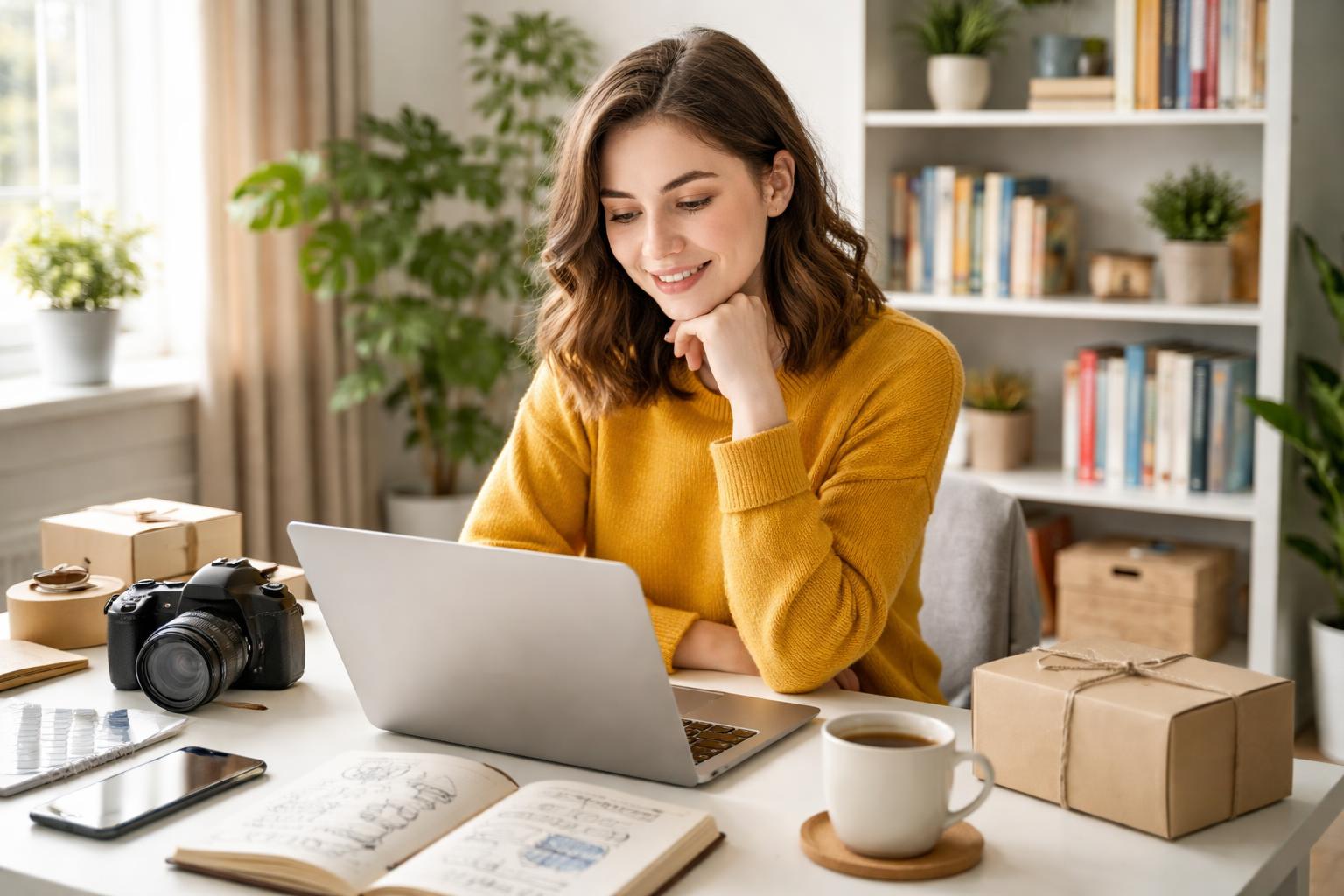 A young adult sitting at a desk in a home office, looking at a laptop surrounded by items representing various side hustles.
