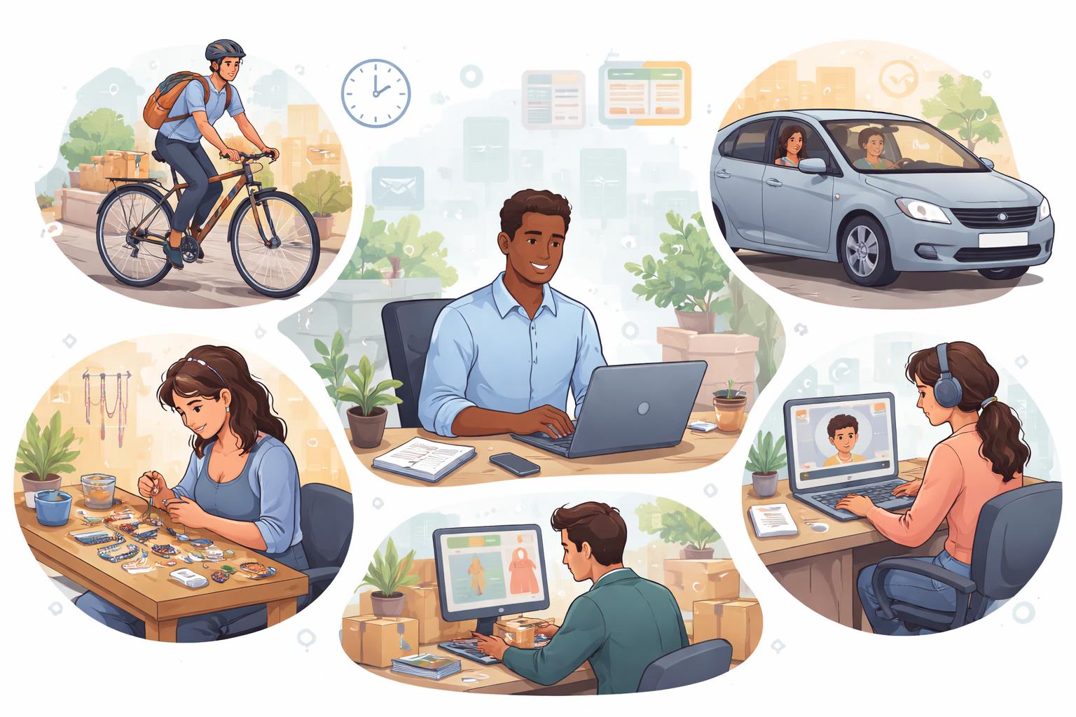 A group of people balancing full-time jobs with various side hustles like delivery, crafting, tutoring, online selling, and ridesharing.