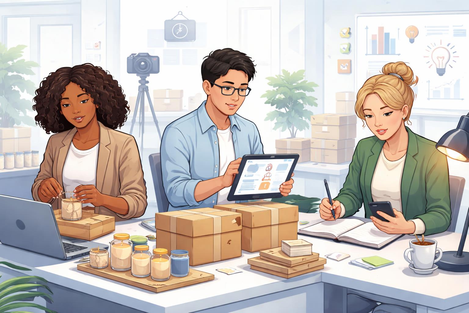 A group of professionals multitasking in an office, working on laptops, packaging crafts, and managing online stores to illustrate side hustles alongside full-time jobs.