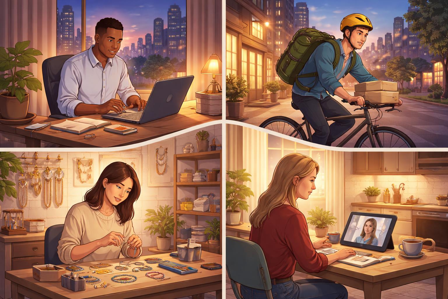 People engaged in various flexible side hustles after work, including working on a laptop, delivering packages by bicycle, crafting handmade goods, and consulting over a video call.
