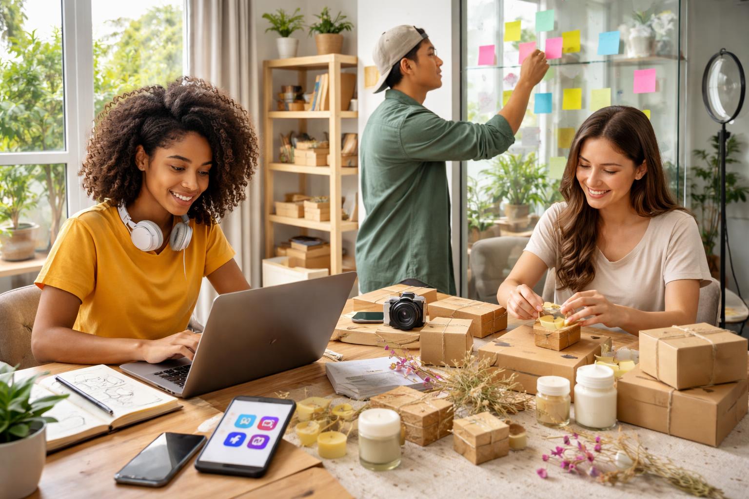 A group of young adults working on different side hustles in a bright home office with laptops, packaging products, and brainstorming on sticky notes.