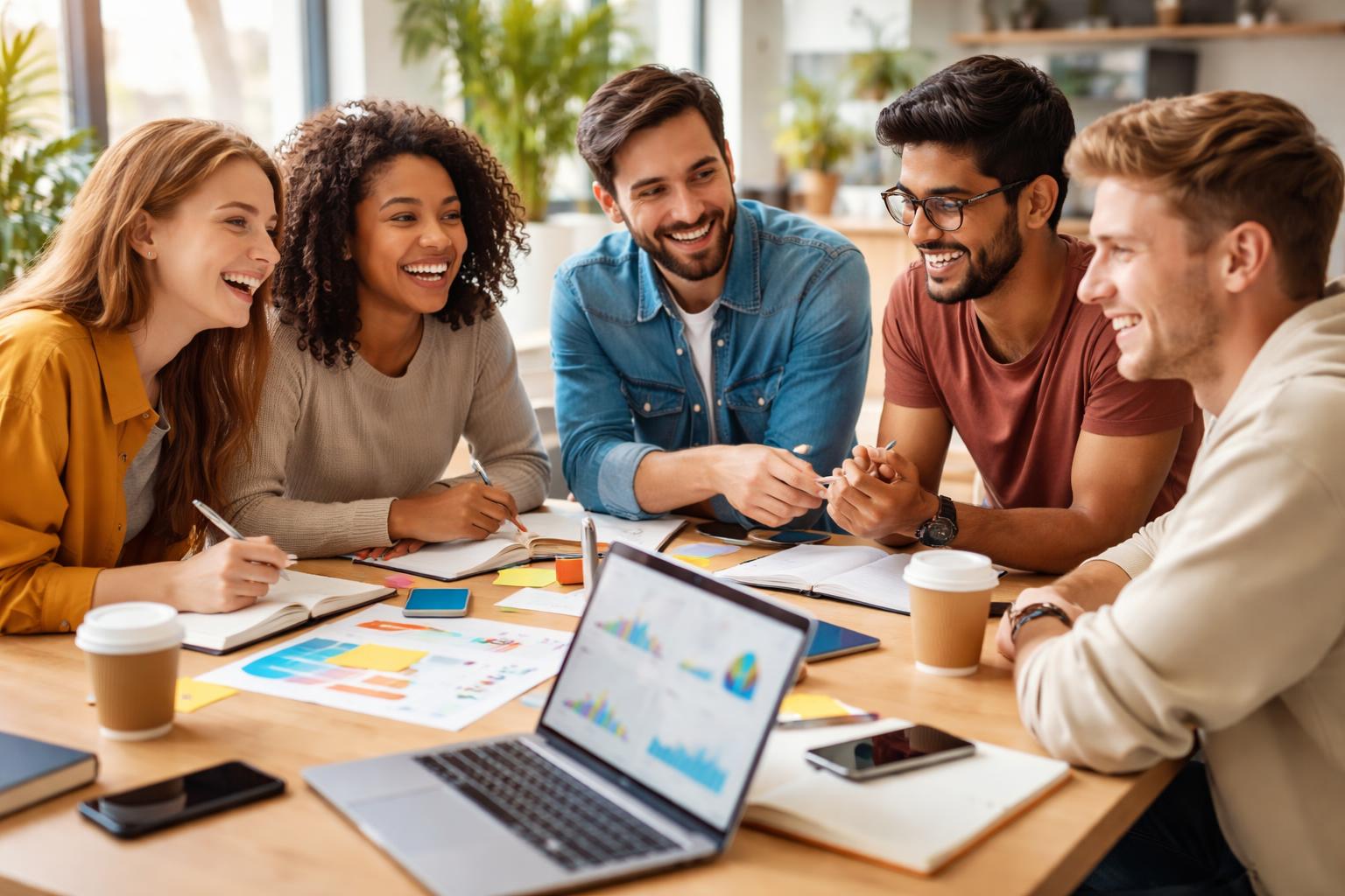 A group of young adults working together around a table with laptops and notebooks in a bright office space.