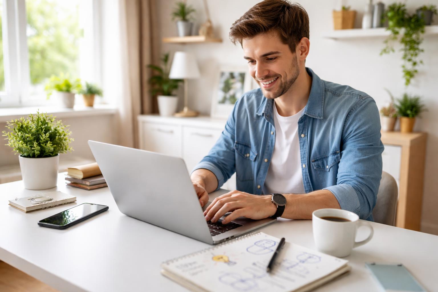A person working on a laptop at a home desk with a smartphone, notebook, and coffee cup nearby.