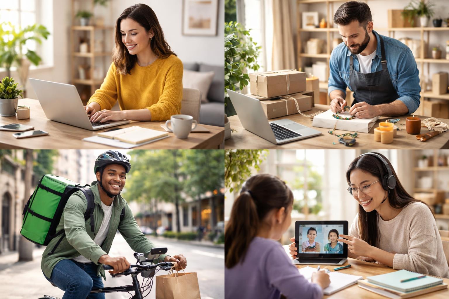 Several people working on different side hustle activities including laptop work, packaging crafts, food delivery, and online tutoring.