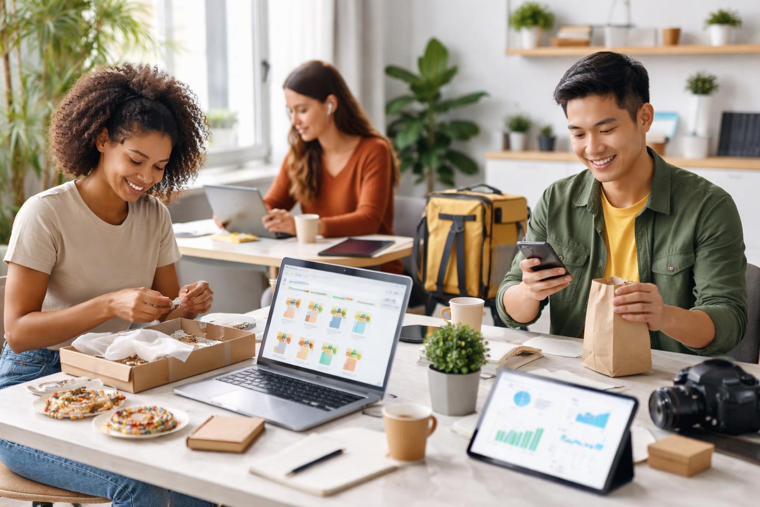 A group of young adults working on different side hustles in a bright co-working space, using laptops, smartphones, and packaging crafts.