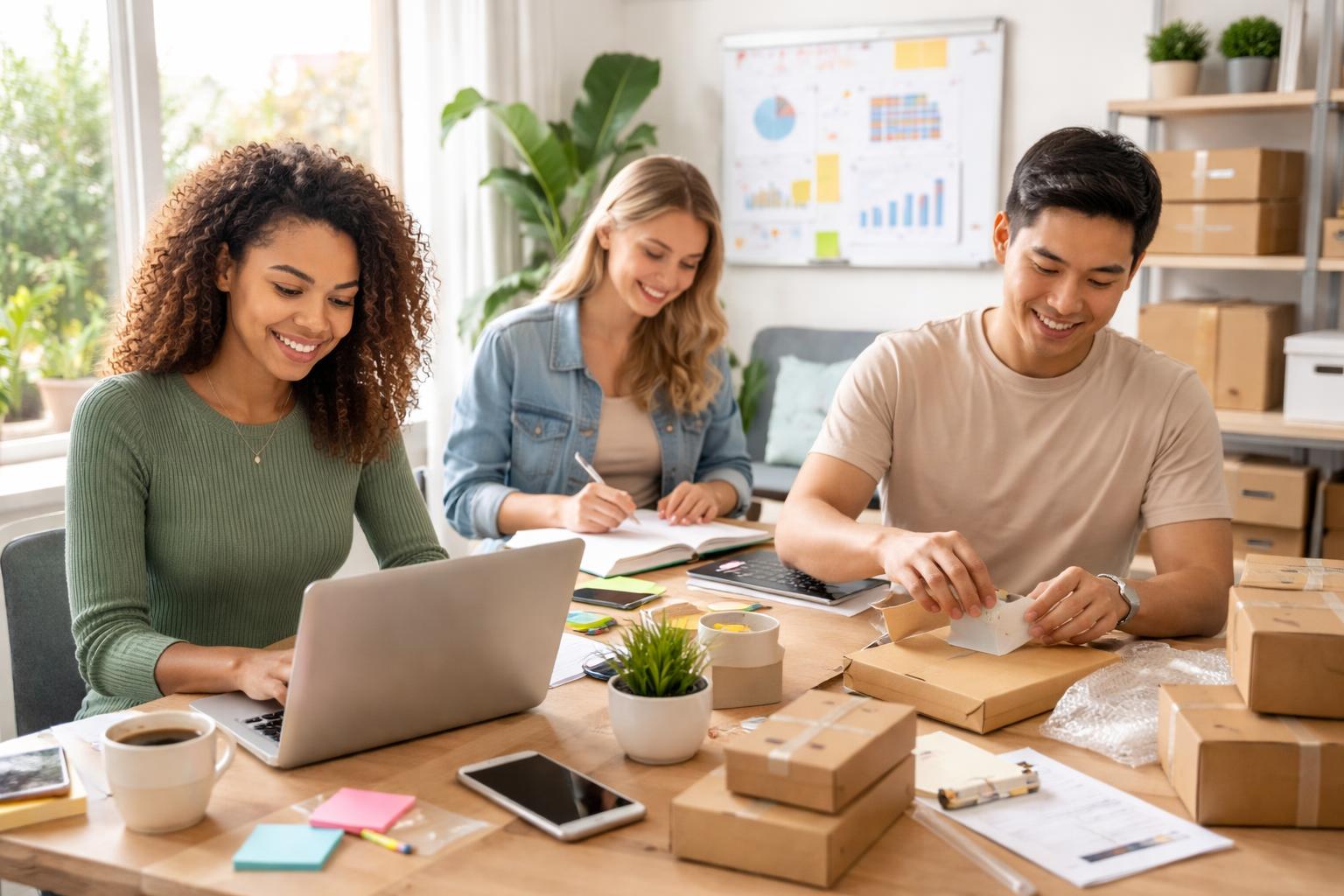 A group of young adults working on different side hustle tasks in a bright home office with laptops, packaging materials, and notes.