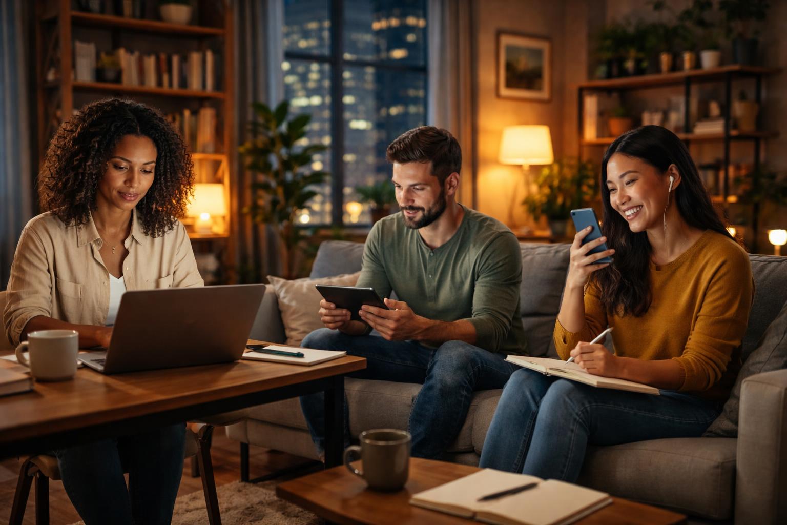 Three adults working on laptops, tablets, and smartphones in a cozy home office during the evening.