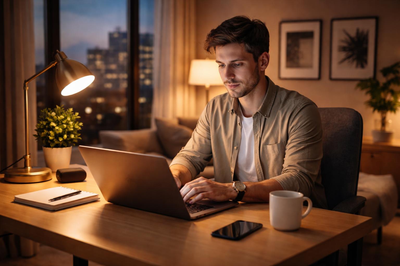 A person working on a laptop at a desk in a home office during the evening.
