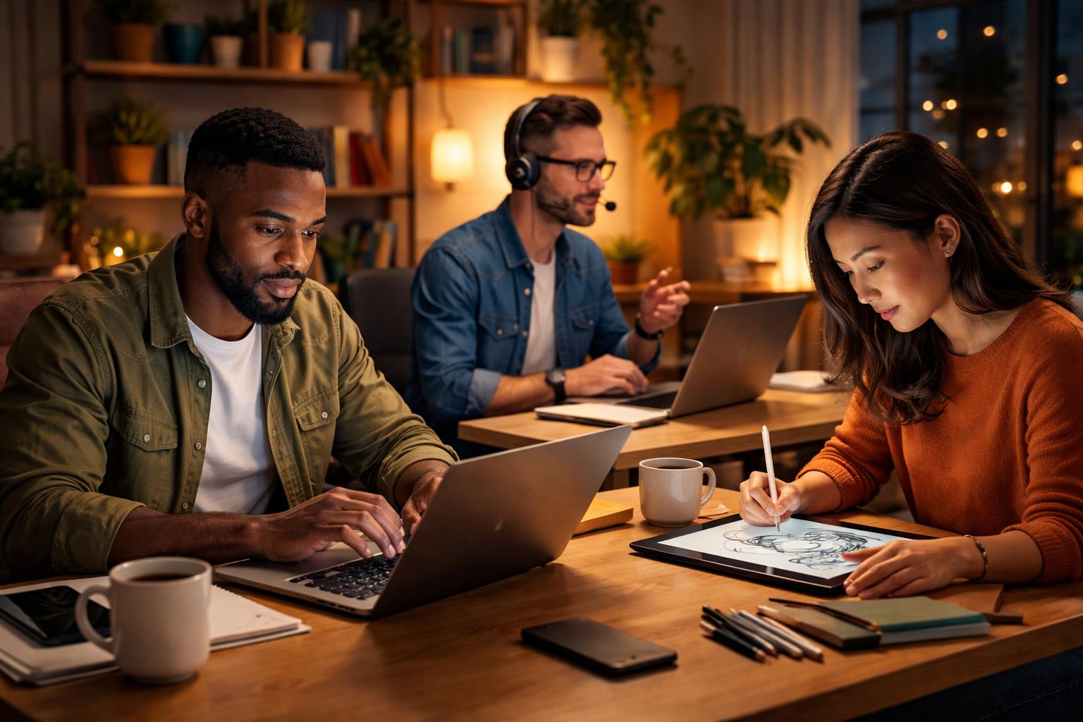 People working on laptops and tablets in a cozy home office setting during the evening.