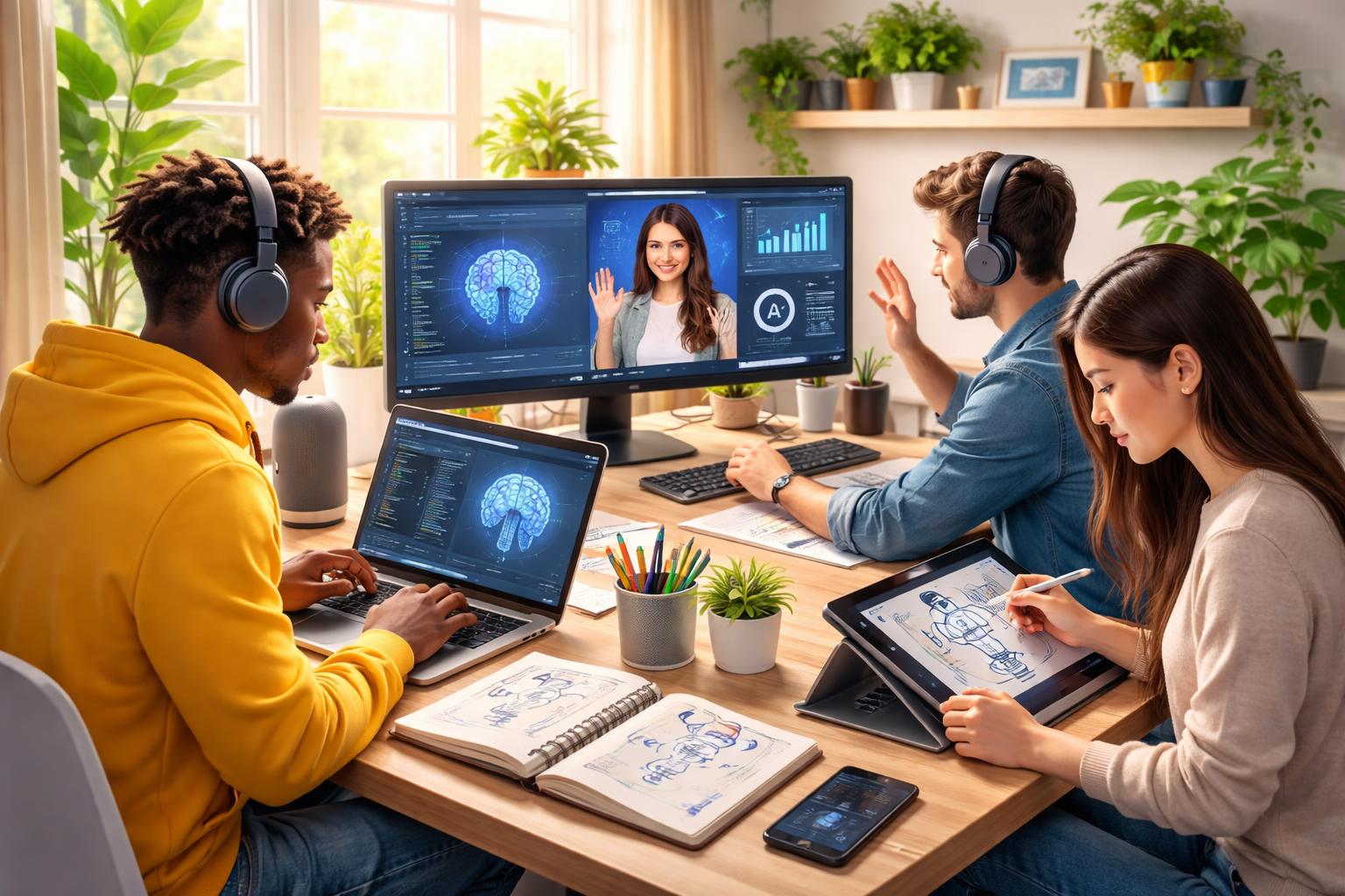 A group of young professionals working together in a bright home office with laptops, tablets, and video calls focused on AI projects.