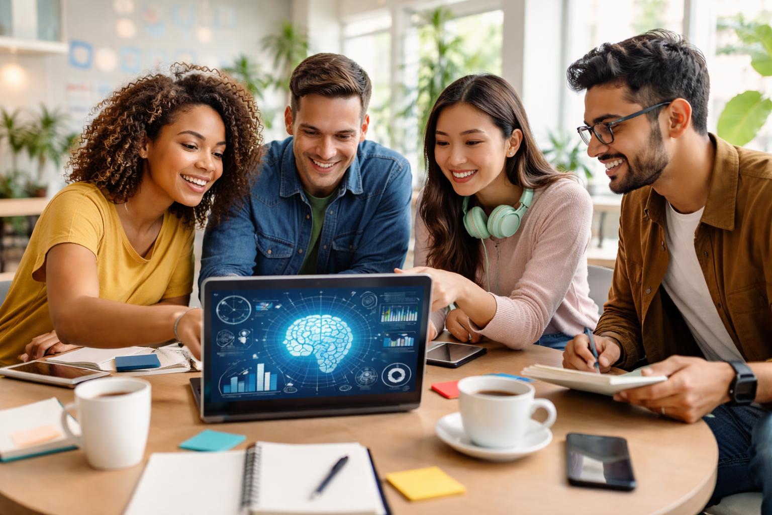 A group of young adults working together around a laptop in a bright co-working space.